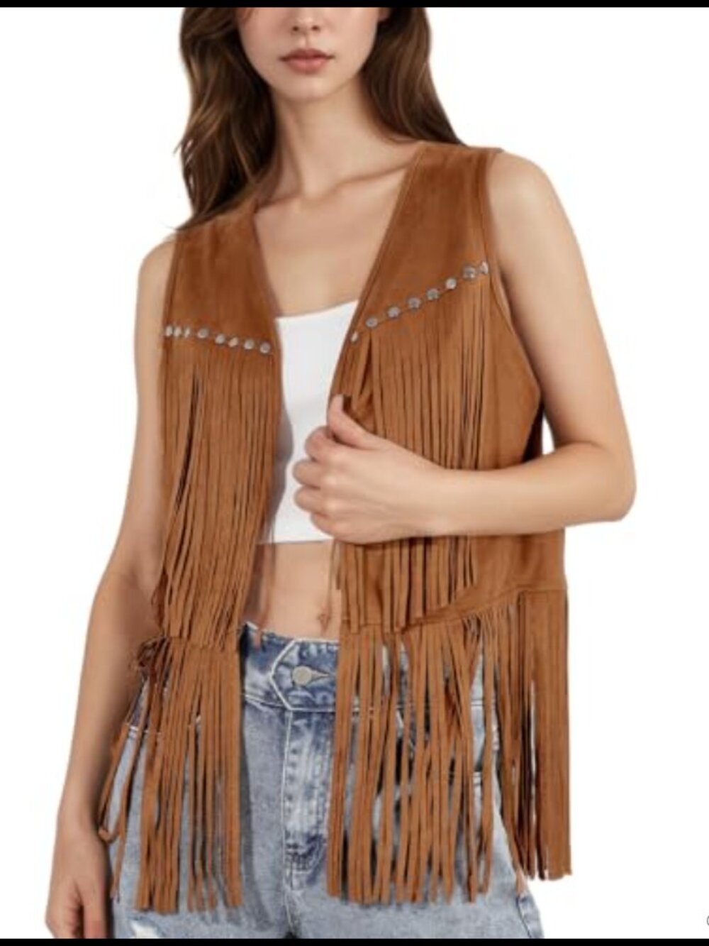 Faux Suede Fringe Western Vest Sleeveless Cowgirl Hippie 70s Top